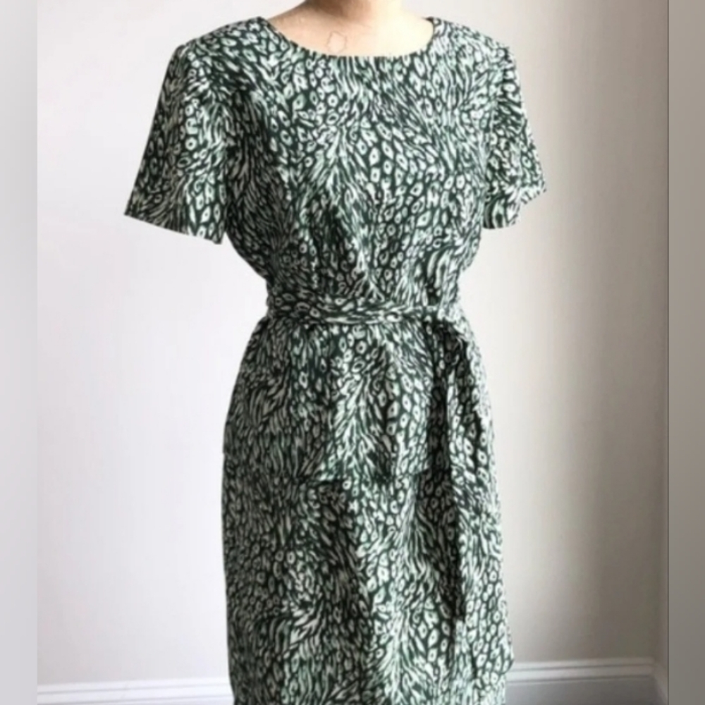 Vintage Sag Harbor Green Animal Print Midi Dress Short Sleeve Shoulder Pads